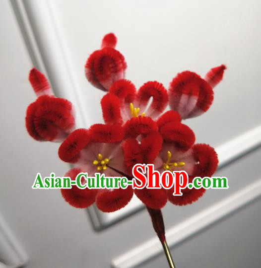 China Traditional Ancient Princess Flowers Hair Stick Classical Hanfu Red Velvet Plum Blossom Hairpin