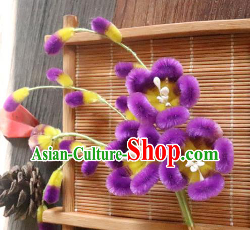 China Classical Hanfu Purple Plum Blossom Hairpin Traditional Ancient Palace Lady Velvet Flowers Hair Stick