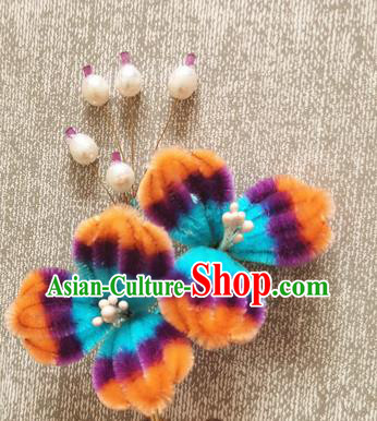 China Pearls Hair Stick Handmade Hair Accessories Traditional Velvet Flowers Hairpin