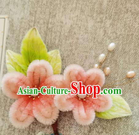 China Pink Velvet Plum Blossom Hair Stick Handmade Hair Accessories Traditional Flowers Pearls Hairpin