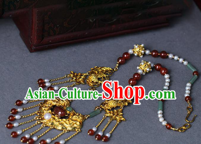 Chinese Traditional Wedding Jade Pearls Necklace Ancient Princess Agate Tassel Necklet Accessories
