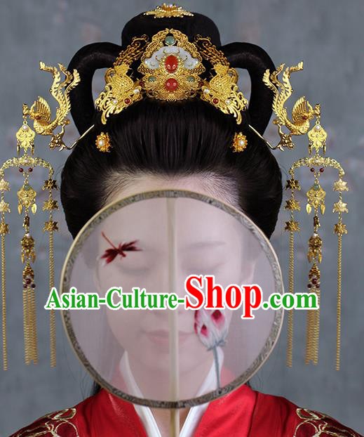 China Ancient Bride Golden Phoenix Hairpins and Hair Crown Traditional Ming Dynasty Wedding Hair Accessories Full Set