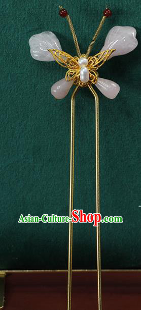 China Ancient Palace Lady Rose Quartz Butterfly Hairpin Traditional Ming Dynasty Pearl Hair Stick