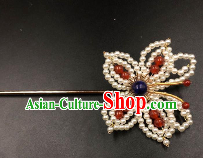 China Ming Dynasty Pearls Butterfly Hair Accessories Traditional Hanfu Hairpin Ancient Princess Hair Stick