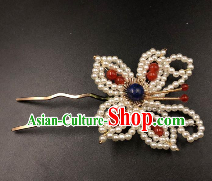China Ming Dynasty Hairpin Traditional Hanfu Hair Accessories Ancient Princess Pearls Butterfly Hair Stick
