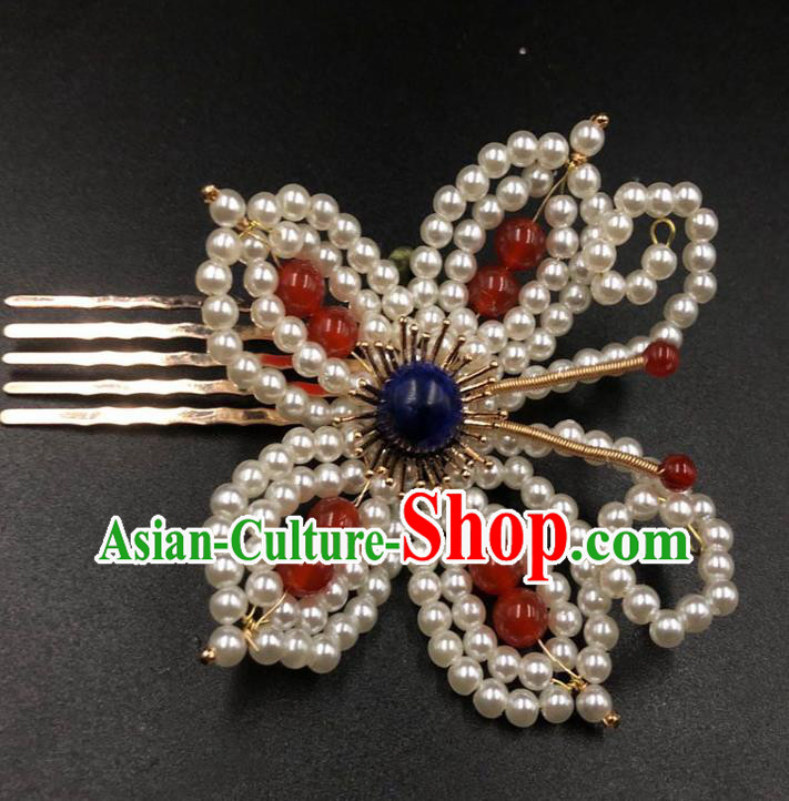 China Traditional Hanfu Hair Accessories Ming Dynasty Hairpin Ancient Princess Pearls Butterfly Hair Comb