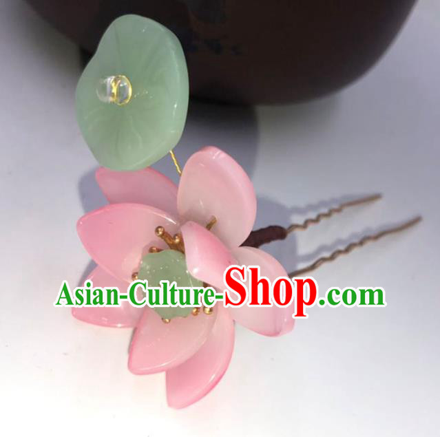 China Ming Dynasty Pink Lotus Hairpin Traditional Hanfu Hair Accessories Ancient Princess Jade Leaf Hair Stick