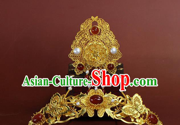 China Ancient Empress Golden Hair Crown Traditional Ming Dynasty Court Queen Wedding Hair Accessories