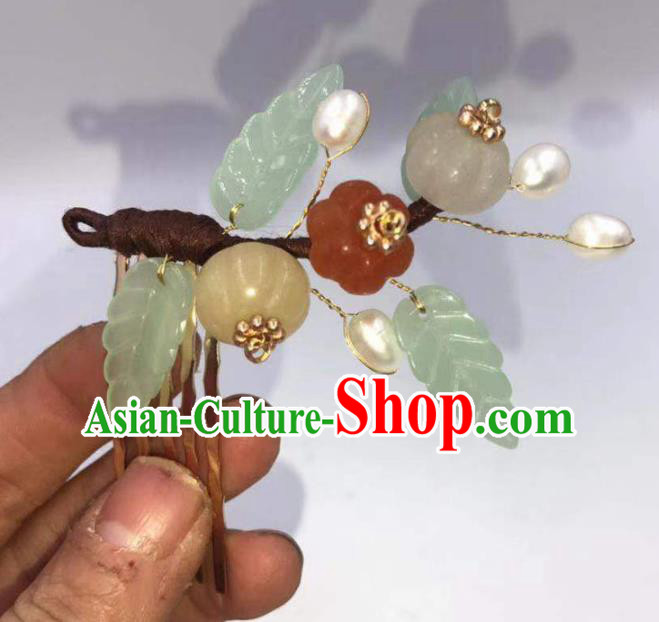 China Ming Dynasty Jade Pumpkin Hairpin Traditional Hanfu Hair Accessories Ancient Princess Hair Comb
