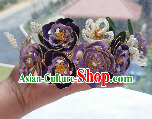 China Ming Dynasty Beads Plum Hairpin Traditional Hanfu Hair Accessories Ancient Princess Purple Silk Peony Hair Crown