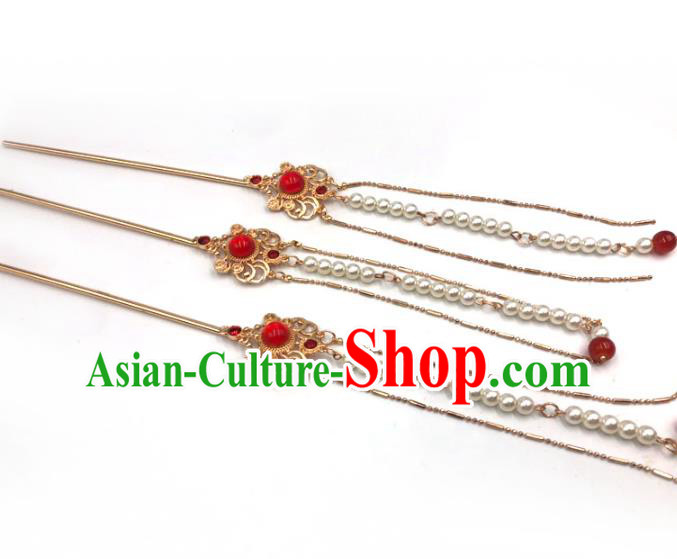 China Ancient Princess Pearls Tassel Hair Stick Traditional Hanfu Hair Accessories Ming Dynasty Golden Hairpin