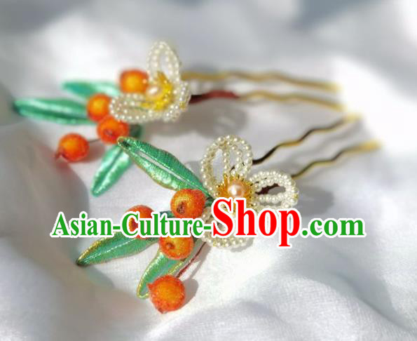 China Ming Dynasty Orange Berry Hairpin Traditional Hanfu Hair Accessories Ancient Princess Pearls Hair Stick