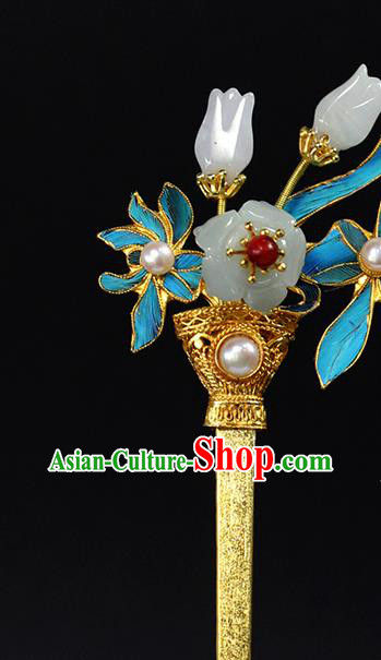 China Ancient Queen Orchids Hairpin Traditional Qing Dynasty Palace Jade Plum Pearl Hair Stick