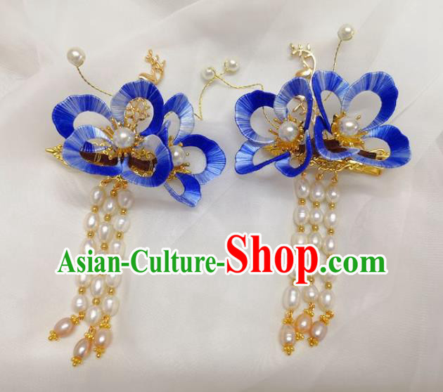 China Ming Dynasty Blue Silk Flower Hairpin Traditional Hanfu Hair Accessories Ancient Princess Pearls Tassel Hair Sticks
