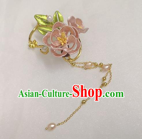 Handmade China Ancient Hanfu Pink Silk Peony Ear Accessories Ming Dynasty Princess Pearls Tassel Earrings Pendant