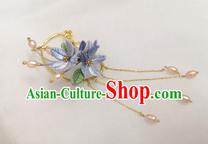 Handmade China Ming Dynasty Princess Pearls Tassel Earrings Pendant Ancient Hanfu Lilac Silk Flowers Ear Accessories