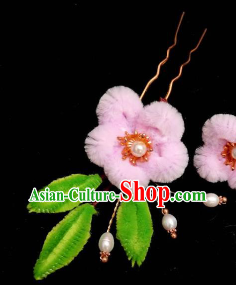 China Ming Dynasty Pink Velvet Plum Hairpin Traditional Hanfu Hair Accessories Ancient Princess Hair Stick