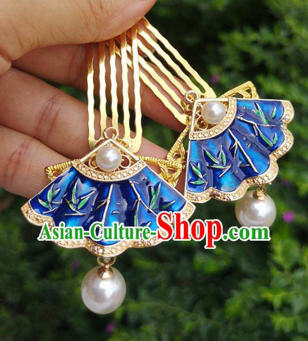 China Ancient Princess Hairpin Traditional Hanfu Hair Accessories Ming Dynasty Blueing Hair Combs