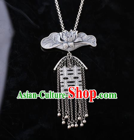 China Classical Cheongsam Silver Carving Lotus Necklace Traditional Wedding Tassel Necklet Accessories