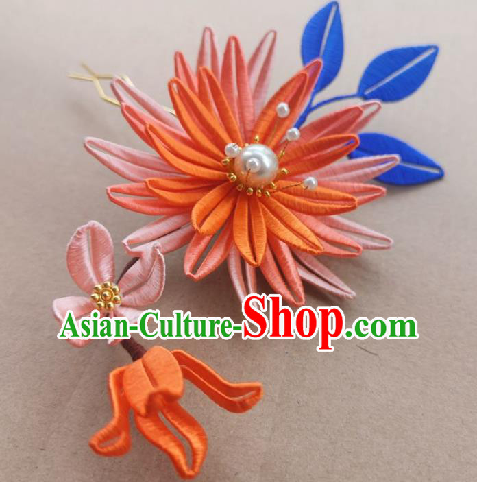 China Traditional Ming Dynasty Orange Silk Epiphyllum Hair Clip Ancient Hanfu Hairpin
