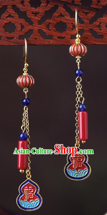 Chinese Classical Cloisonne Gourd Ear Accessories Traditional Cheongsam Red Lantern Earrings