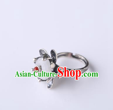 Handmade Chinese National White Jade Ring Jewelry Traditional Silver Lotus Circlet