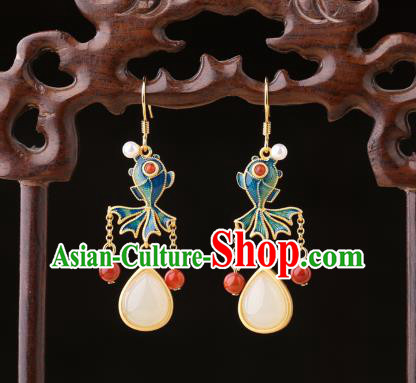 Chinese Classical Enamel Goldfish Ear Accessories Traditional Cheongsam Jade Tassel Earrings