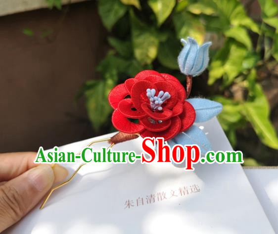 China Ming Dynasty Red Silk Rose Hair Stick Traditional Ancient Palace Lady Hairpin