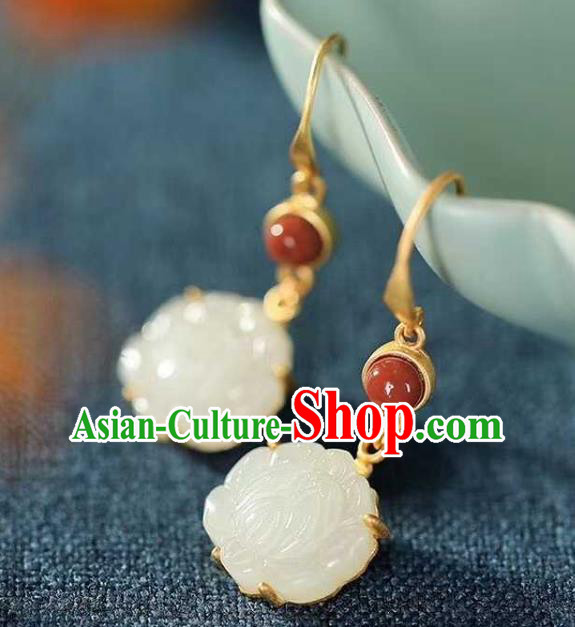 Handmade Chinese White Jade Lotus Ear Accessories Traditional Cheongsam Agate Earrings