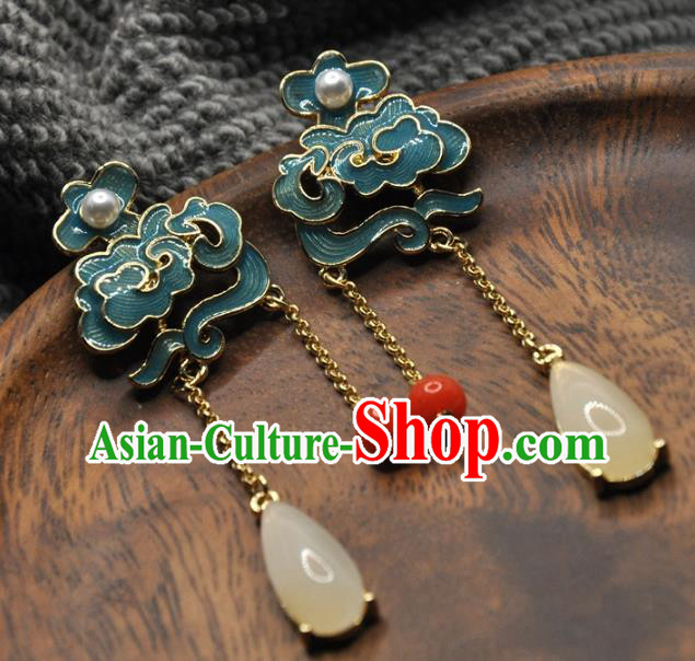 Chinese Traditional Qing Dynasty Palace Earrings Handmade Hanfu Jade Tassel Ear Accessories
