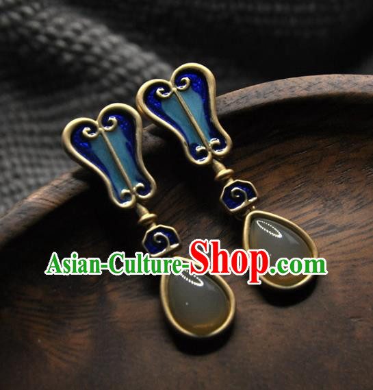 Chinese Traditional Hanfu Chalcedony Earrings Handmade Cheongsam Cloisonne Fan Ear Accessories