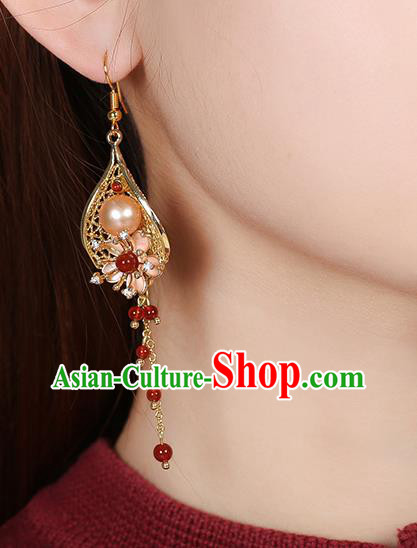 Chinese Classical Red Beads Tassel Ear Accessories Traditional Cheongsam Pearl Golden Earrings