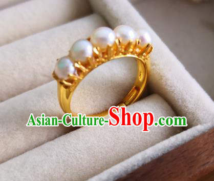 Handmade Chinese Ancient Palace Pearls Ring Jewelry Traditional Ming Dynasty Golden Circlet