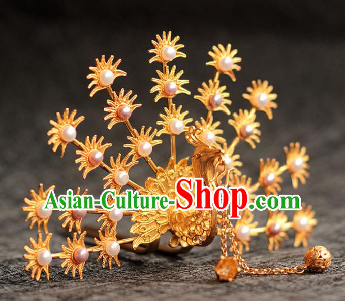 China Ancient Empress Pearls Hair Crown Traditional Hair Accessories Ming Dynasty Golden Phoenix Hairpin