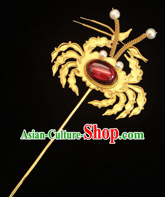 China Ancient Empress Ruby Hair Stick Traditional Hair Accessories Ming Dynasty Golden Crab Hairpin