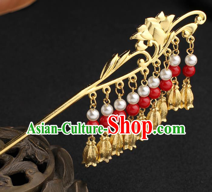 China Ancient Tang Dynasty Palace Lady Hairpin Traditional Hanfu Golden Lotus Hair Stick