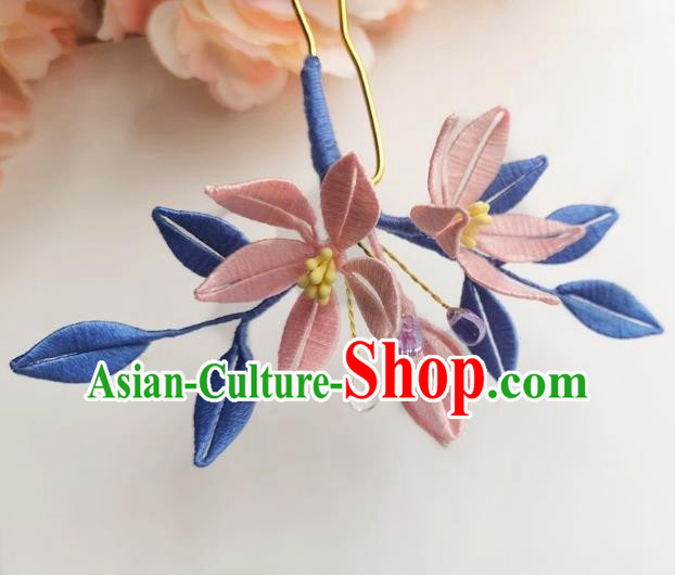 China Ancient Ming Dynasty Pink Silk Flowers Hairpin Traditional Hanfu Hair Stick Hair Accessories