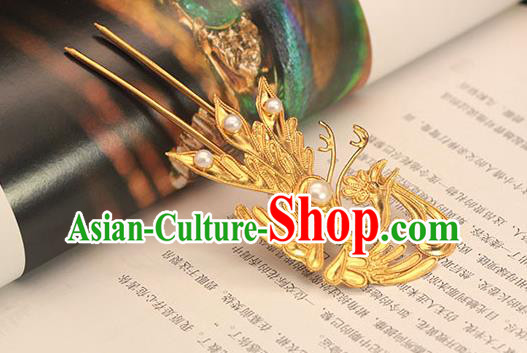 China Traditional Ming Dynasty Golden Phoenix Hairpin Hair Accessories Ancient Empress Pearls Hair Stick