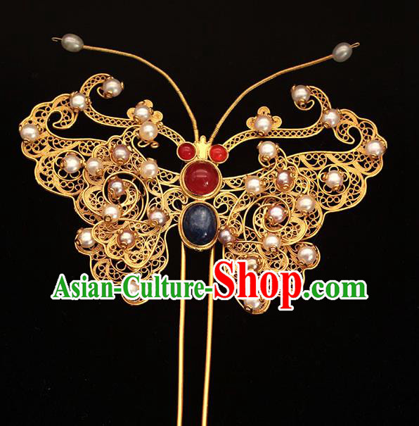 China Ancient Empress Golden Butterfly Hair Stick Traditional Hair Accessories Ming Dynasty Pearls Hairpin