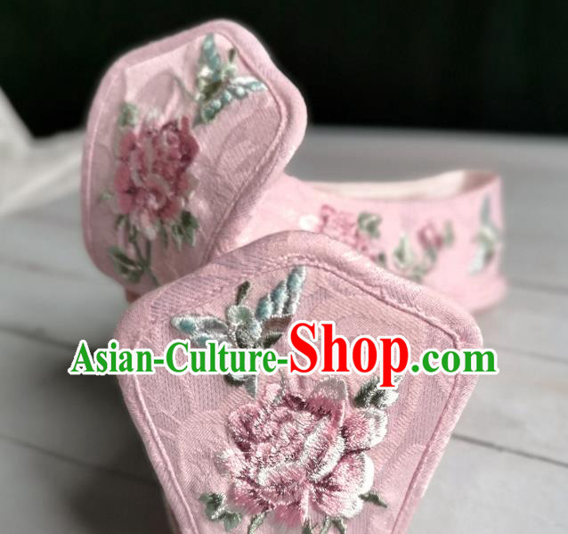 Handmade Chinese Hanfu Shoes Embroidered Peony Pink Shoes Traditional Han Dynasty Princess Shoes