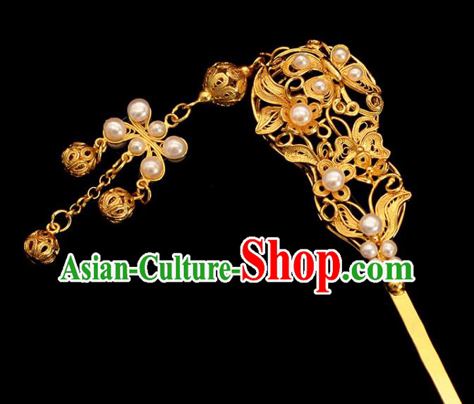 Traditional China Ming Dynasty Empress Golden Hair Stick Ancient Court Woman Pearls Tassel Hairpin