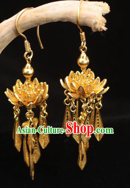 Chinese Ancient Princess Golden Lotus Ear Accessories Traditional Ming Dynasty Court Earrings