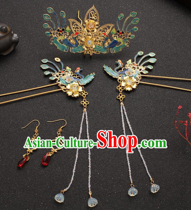 Traditional China Ancient Palace Lady Hair Accessories Ming Dynasty Blueing Hair Crown and Tassel Hairpins