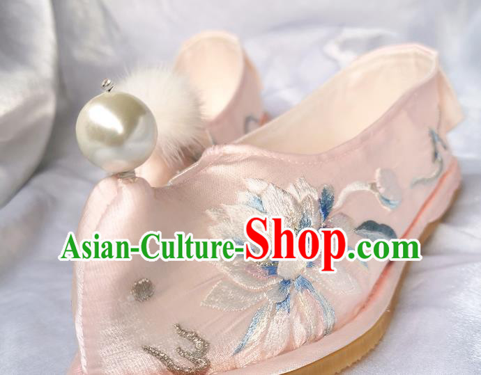 Handmade Chinese Pink Satin Shoes Traditional Ming Dynasty Princess Shoes Embroidered Epiphyllum Bow Shoes