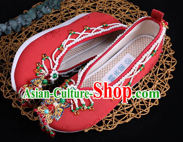 Chinese Handmade Red Cloth Shoes Ancient Princess Shoes Traditional Beads Tassel Shoes