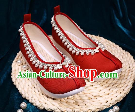 Chinese Handmade Wedding Red Cloth Shoes Ancient Princess Shoes Traditional Hanfu Pearls Shoes