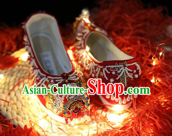 Chinese Traditional Hanfu Blueing Peacock Shoes Ancient Wedding Shoes Embroidered Red Shoes
