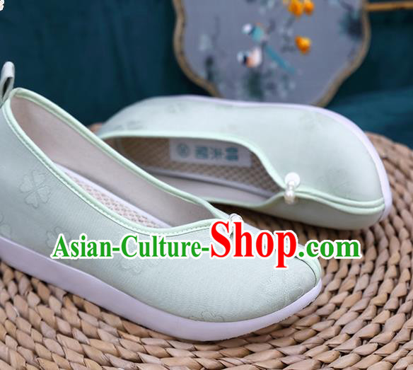 Chinese Classical Clover Pattern Light Green Shoes Traditional Song Dynasty Princess Shoes Hanfu Cloth Shoes