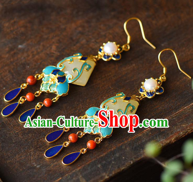 China Traditional Cloisonne Tassel Ear Jewelry Accessories National Cheongsam Pearls Earrings