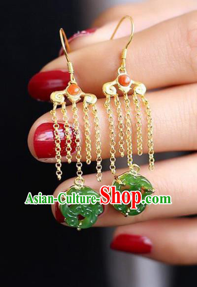 China Traditional Green Jade Ear Jewelry Accessories National Cheongsam Golden Tassel Earrings